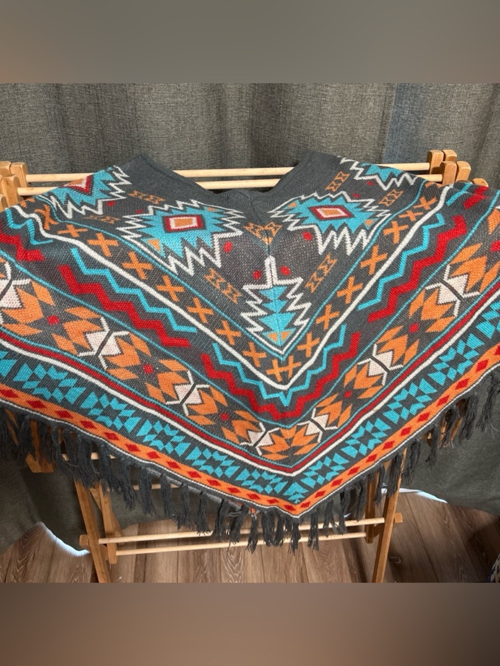 Style & Co. Gray Southwestern Fringe Poncho with Turquoise & Orange Pattern